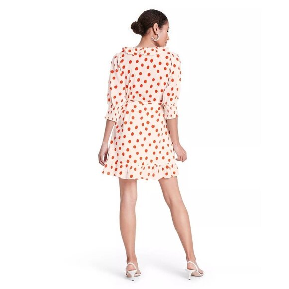 RIXO Target Cream & Red Polka Dot Puff Sleeve Wrap Mini Dress -- Size XS 0/2 - Picture 2 of 6